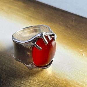 Modernist Carnelian Cabochon 925 Sterling Silver Ring